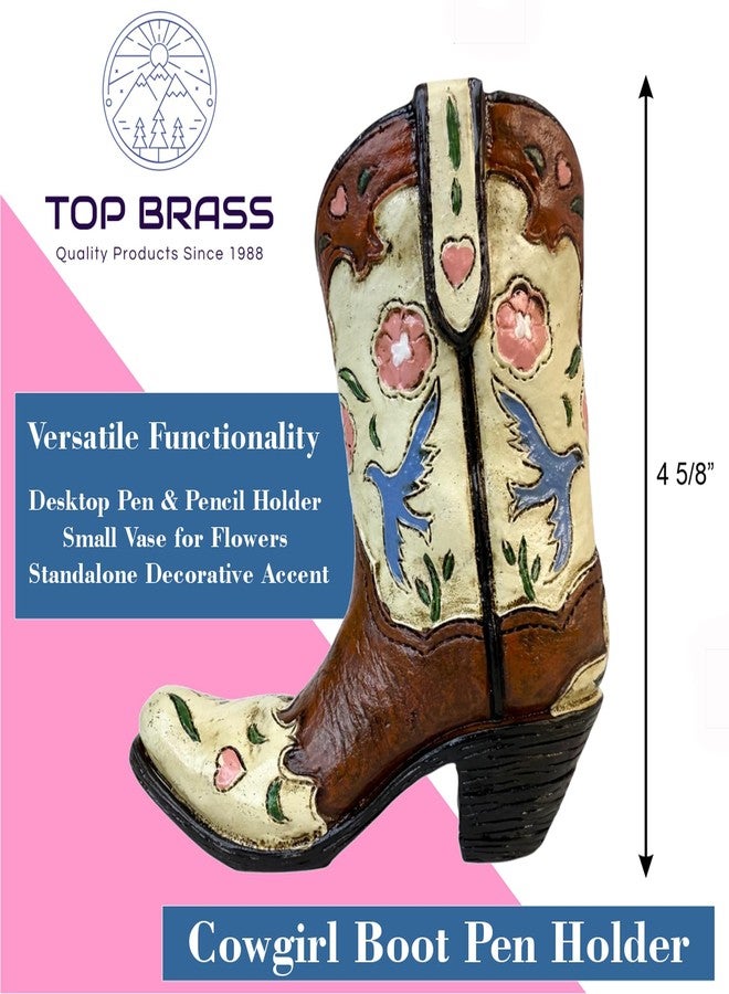 Top Brass Western Cowgirl/Cowboy Boot Pen Holder - 4 5/8” Western Vintage-Style Boot with Floral & Bird Accents - Desk Organizer, Small Vase, or Rustic Standalone Southwestern Home Decor Accent - Image 3