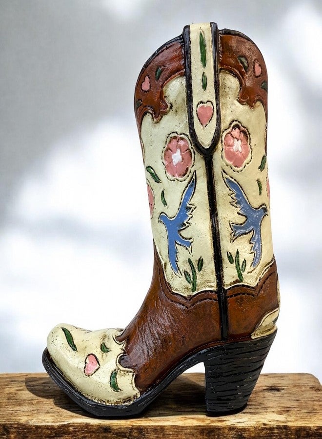 Top Brass Western Cowgirl/Cowboy Boot Pen Holder - 4 5/8” Western Vintage-Style Boot with Floral & Bird Accents - Desk Organizer, Small Vase, or Rustic Standalone Southwestern Home Decor Accent - Image 5