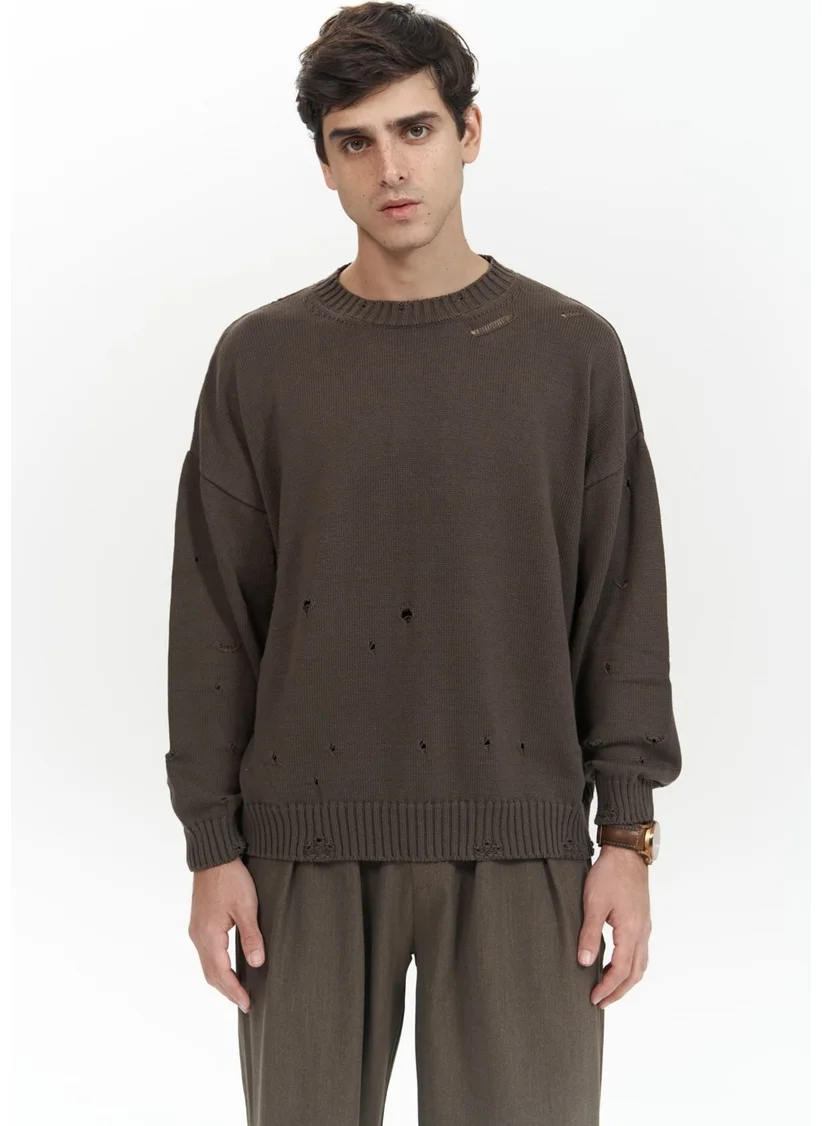 Mai Collection Alec Ribbed Ripped Detail Brown Men's Knitwear Sweater