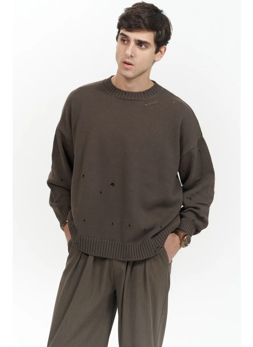 Mai Collection Alec Ribbed Ripped Detail Brown Men's Knitwear Sweater