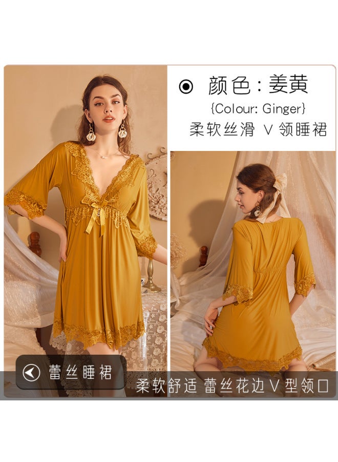 New French Nightdress Red Wedding Lace Ice Silk Plus Size V-neck Retro High-looking Nightdress