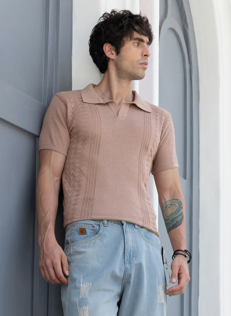 Men's Tan Plain/Basic T-Shirt For Casual Wear | Polo Collar | Short Sleeve | Button Closure | Polyester T-Shirt Crafted With Comfort Fit For Everyday Wear