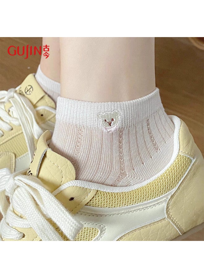 Gujin (Gujin) 5 Pairs Women'S Short Socks Embroidered With Small Bear Mesh Summer Thin Breathable Cotton Socks Summer Women'S Socks