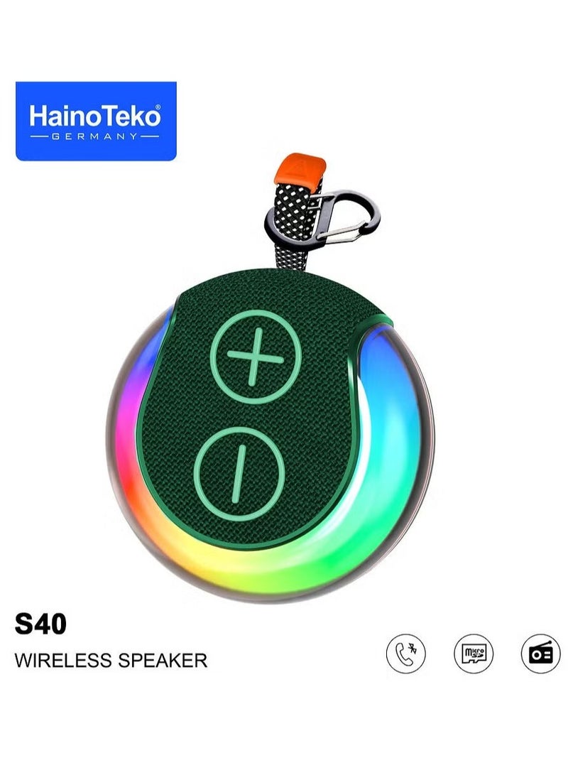 Haino Teko S40 Portable Wireless Bluetooth Speaker with HiFi Sound Quality, Button Control, and RGB Lighting – Compact Green Bluetooth Speaker for Music, Parties, and Outdoor Adventures - Image 1