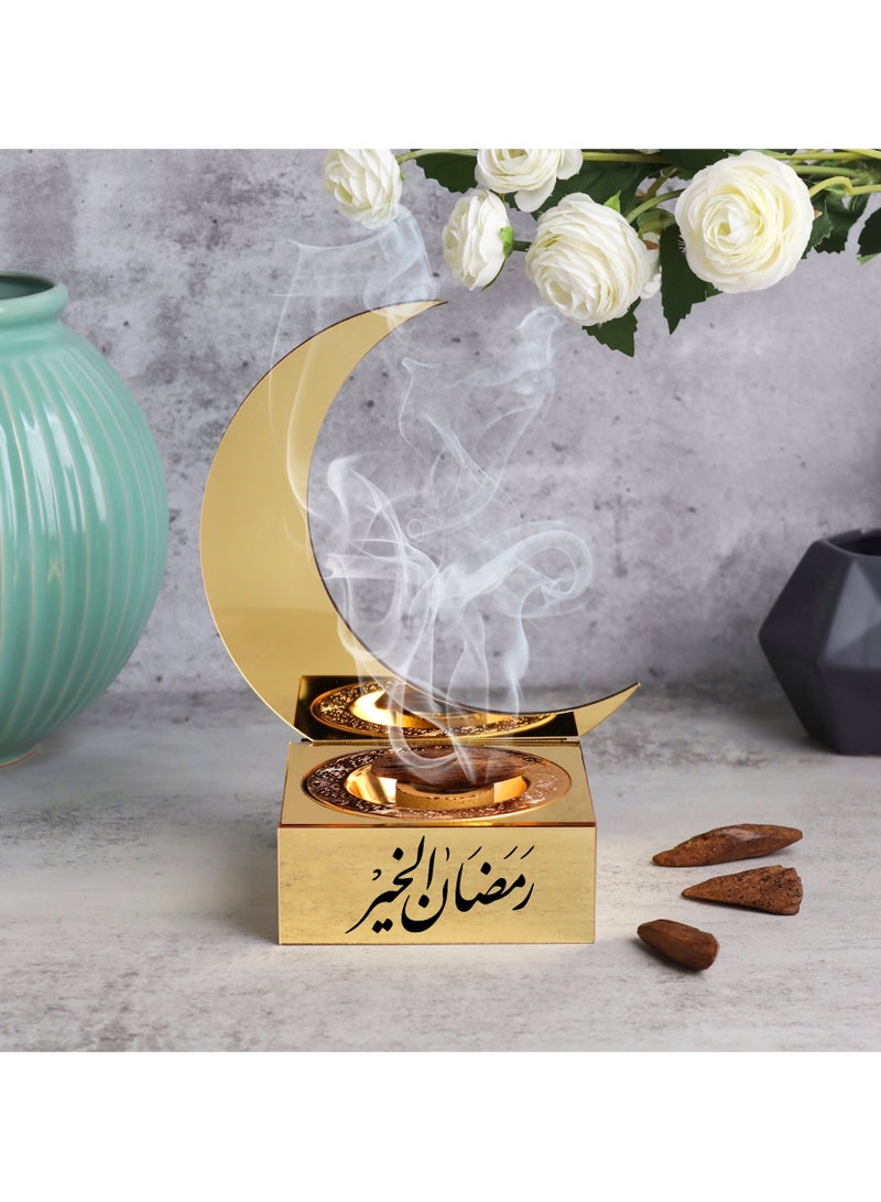 حكاية شمعة رمضان ، مبخره بخور بهلال رمضان مصنوعه من الاكريليك اللامع ، تحمل عبارة "رمضان الخير" بتصميم مميز - Image 1