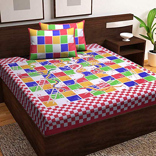 PURE COMFORT 120TC 100% Cotton King Size Snack Ladder Print Double Bedsheet with 2 Pillow Covers (Red) - Image 2