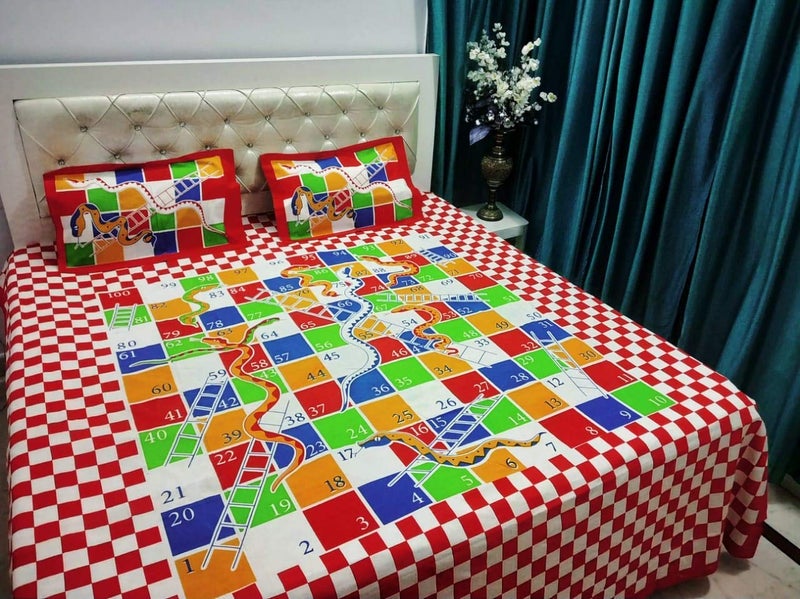 PURE COMFORT 120TC 100% Cotton King Size Snack Ladder Print Double Bedsheet with 2 Pillow Covers (Red) - Image 5