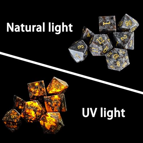 Rule Dice Natural Flame Yooperlite Gemstone DND Dice Set 7 Pcs Stone dice Set Handmade Polyhedral DD Gem Dice with Gift Metal Box for Dungeons and Dragons MTG Role Playing Games - Image 5