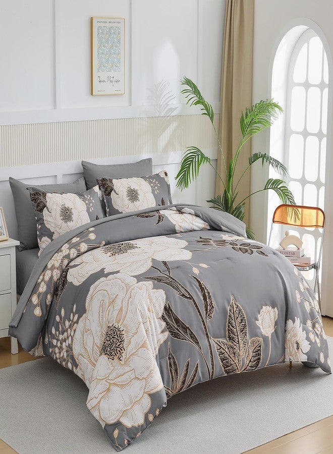 Luxudecor Floral Queen Comforter Set 7 Pieces Bed in a Bag, White Flower Print on Grey Bedding Set, Soft Reversible Comforter with Sheet Set 90"x90" - Image 2