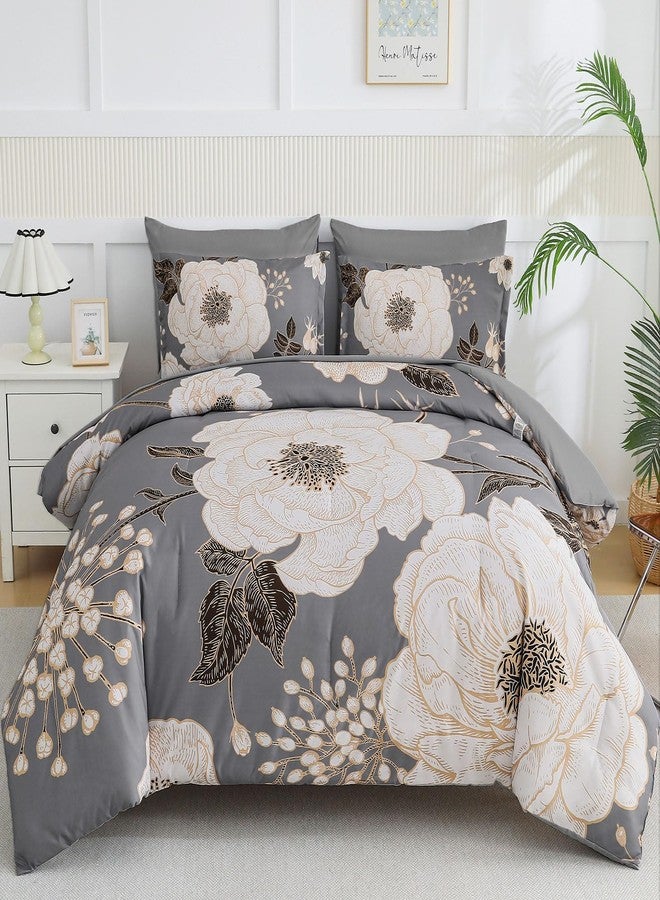 Luxudecor Floral Queen Comforter Set 7 Pieces Bed in a Bag, White Flower Print on Grey Bedding Set, Soft Reversible Comforter with Sheet Set 90"x90" - Image 1