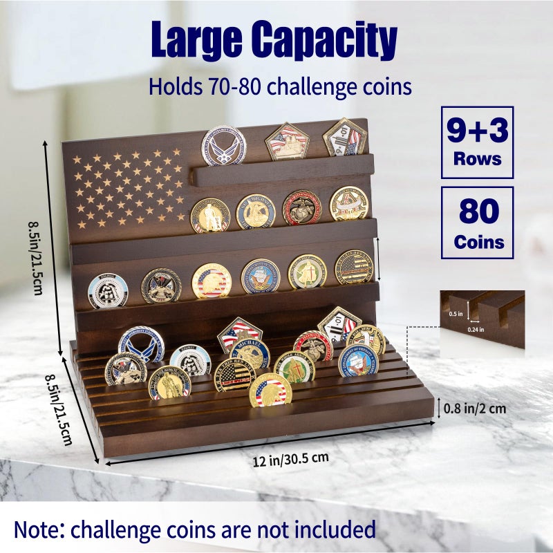 Yncotte Challenge Coin Display,Wooden Military Coin Holder Display for Desktop or Award Ceremony, Deepened Anti-Slip Grooves Large Capacity of 80 Coins (Walnut) - Image 3
