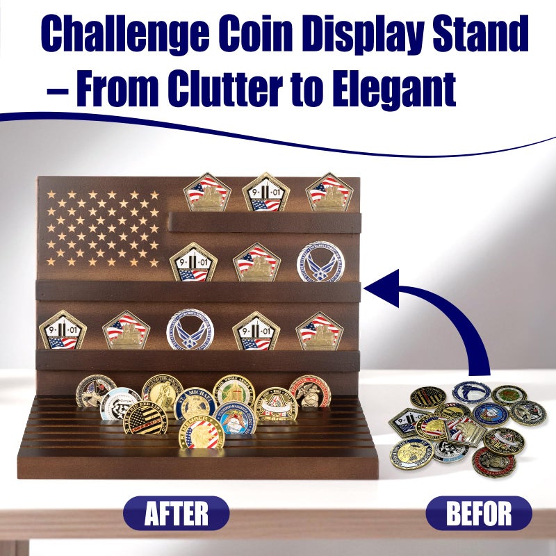 Yncotte Challenge Coin Display,Wooden Military Coin Holder Display for Desktop or Award Ceremony, Deepened Anti-Slip Grooves Large Capacity of 80 Coins (Walnut) - Image 4