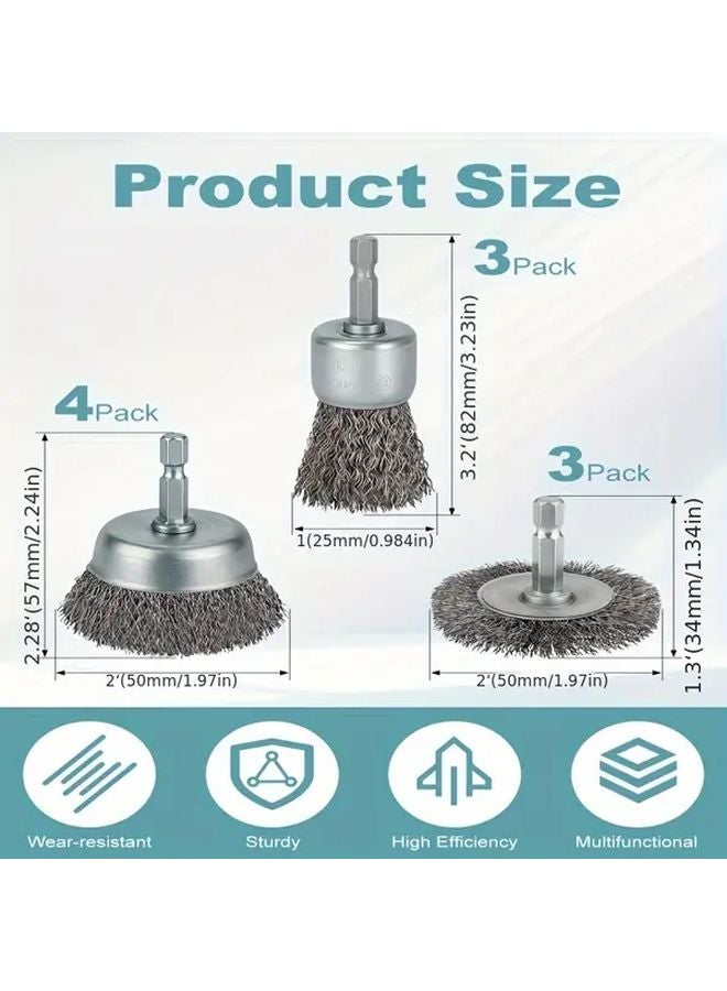 10 Piece Drill Wire Brush Set 1 4 Inch Hex Handle Rust Removal - Image 3
