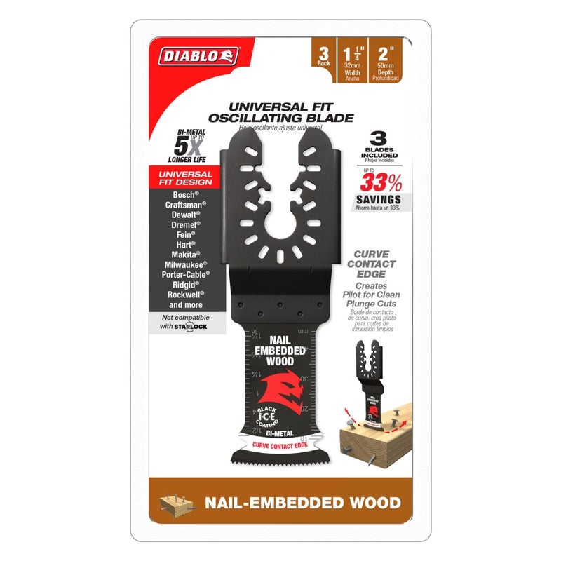 Diablo Demo Demon Universal Fit Bi-Metal Oscillating Tool Blade for Nail-Embedded Wood - 1-1/4" Cutting Width, 2" Cutting Depth, 3-Pack - DOU125BW3 - Image 2