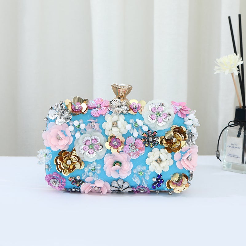 Cross-border Hot-selling Womens Bag Flower Evening Bag Fashion Banquet Wedding Bag Womens Bag Niche High-end Handbag Blue-Single Drill Clip
