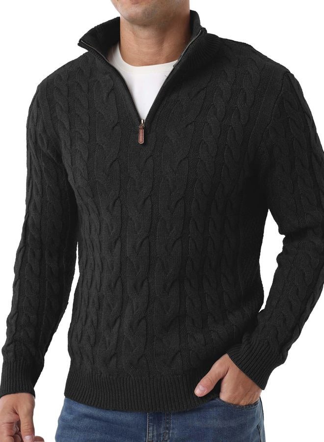 Askdeer Men's Quarter Zip Sweater Cable Knit Mock Neck Pullover Sweaters Classic Casual Polo Sweater, B01 Black, L - Image 1