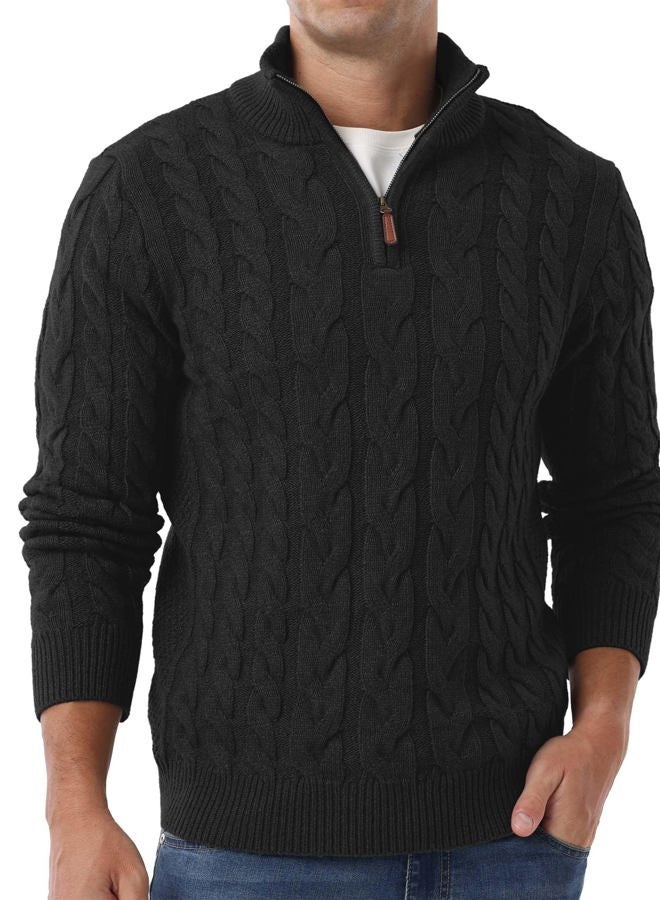 Askdeer Men's Quarter Zip Sweater Cable Knit Mock Neck Pullover Sweaters Classic Casual Polo Sweater, B01 Black, L - Image 4