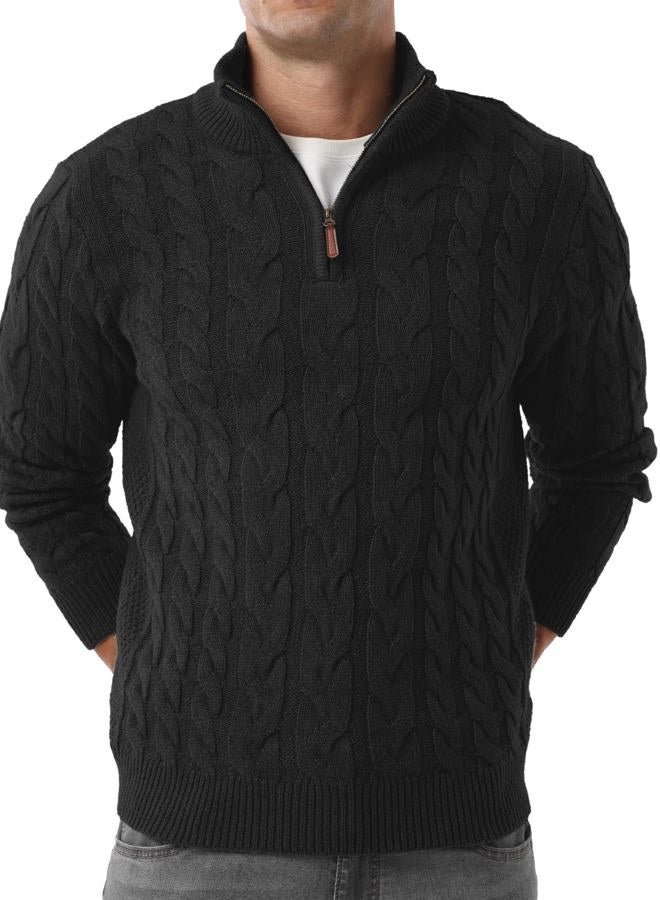 Askdeer Men's Quarter Zip Sweater Cable Knit Mock Neck Pullover Sweaters Classic Casual Polo Sweater, B01 Black, L - Image 2