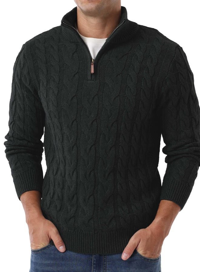 Askdeer Men's Quarter Zip Sweater Cable Knit Mock Neck Pullover Sweaters Classic Casual Polo Sweater, B01 Black, L - Image 3