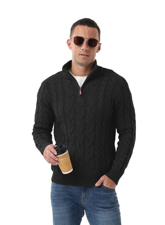 Askdeer Men's Quarter Zip Sweater Cable Knit Mock Neck Pullover Sweaters Classic Casual Polo Sweater, B01 Black, L - Image 5