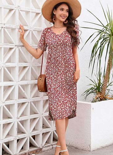 VOBCTY Women's Casual Short Sleeve Tshirt Dress Summer Side Split Loose V Neck Dresses(63B,Medium) - Image 2