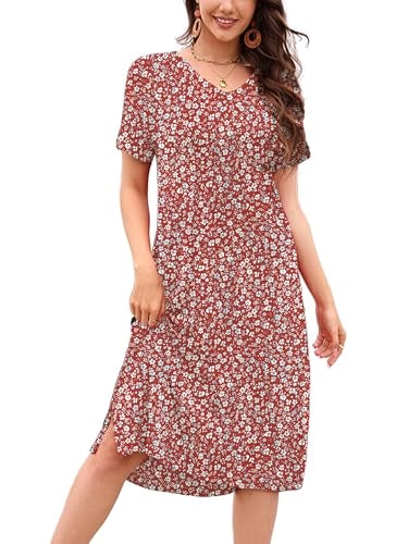 VOBCTY Women's Casual Short Sleeve Tshirt Dress Summer Side Split Loose V Neck Dresses(63B,Medium) - Image 1