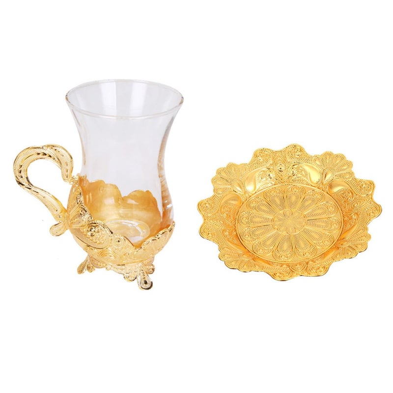 Zinc Alloy Retro Coffee Cup Saucer Set with Glass Tea Cups Elegant Beverage Tableware 1 Piece - Image 2