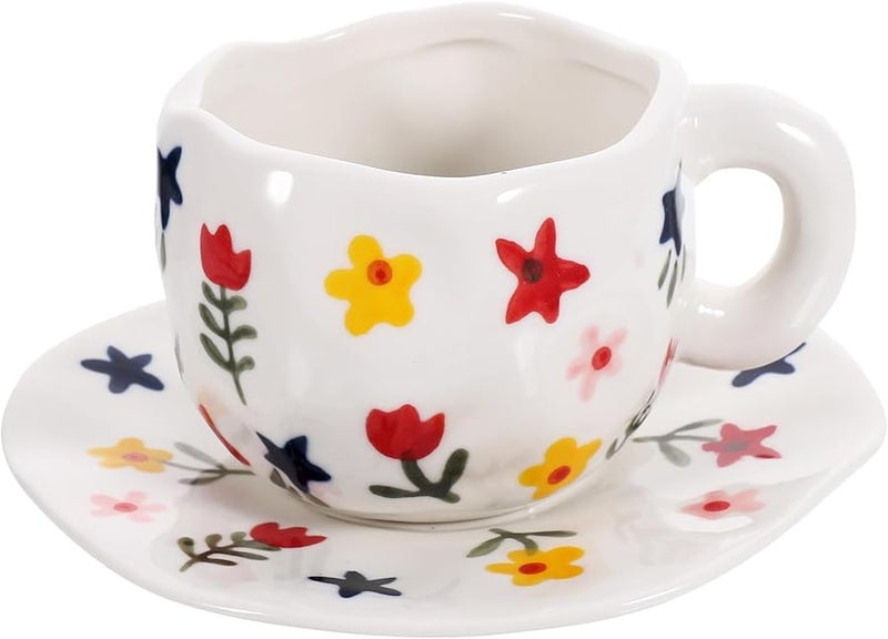 Floral Ceramic Coffee Mug and Saucer Set White Porcelain for Home and Office Use - Image 1