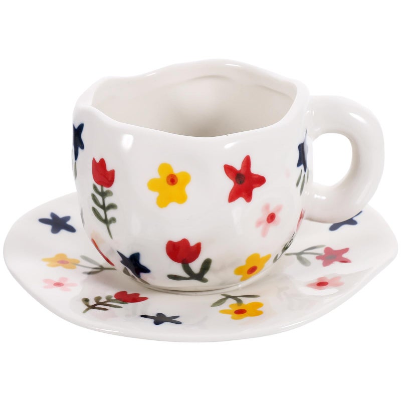 Floral Ceramic Coffee Mug and Saucer Set White Porcelain for Home and Office Use - Image 2