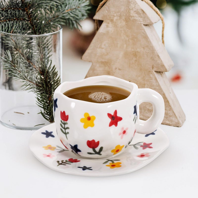 Floral Ceramic Coffee Mug and Saucer Set White Porcelain for Home and Office Use - Image 5