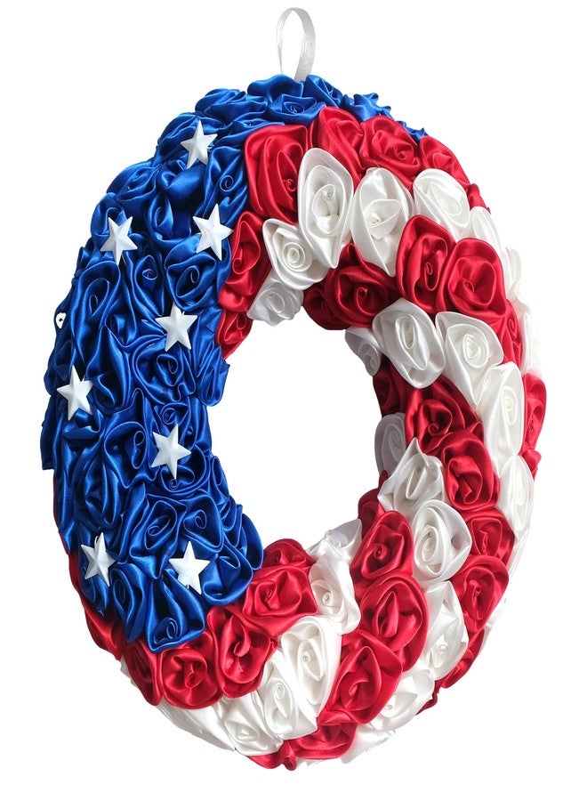 idyllic 14 Inch Patriotic Roses Handcrafted Wreath, Artificial 4th of July Soft Touch Silk Roses and Metal Stars Wreath for Front Door, Memorial Day for Indoor and Outdoor - Image 1