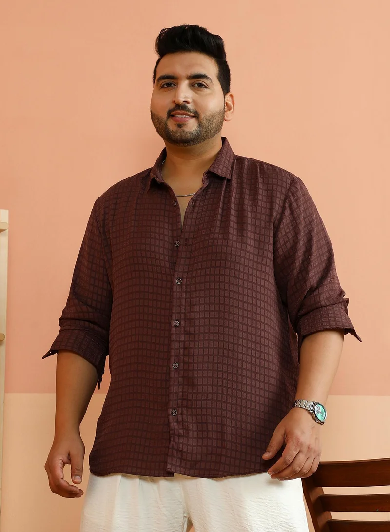 Instafab Plus Instafab Plus Men's Chocolate Brown Solid Cubic-Tactile Shirt For Casual Wear | Spread Collar | Long Cuffed Sleeves | Button Closure | Plus Size Shirt Crafted With Comfort Fit For Everyday Wear