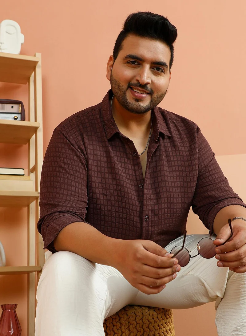 Instafab Plus Instafab Plus Men's Chocolate Brown Solid Cubic-Tactile Shirt For Casual Wear | Spread Collar | Long Cuffed Sleeves | Button Closure | Plus Size Shirt Crafted With Comfort Fit For Everyday Wear