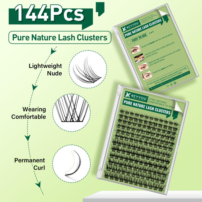 KEYYOU Natural Lash Clusters Wispy Eyelash Clusters 144 pcs Cluster Eyelash Extensions D Curl Individual Lashes 8-18MIX Mix Length Light and Natural Lashes Look with Thin Lash Band(N01-8-18MIX-D) - Image 2