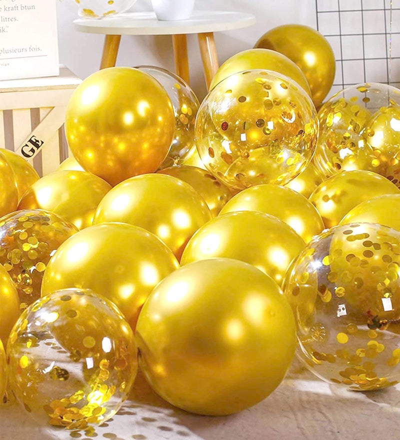 LAZYBEEE Gold Confetti Balloons & Gold Metallic Balloons 62 Pack - 12 inch Premium Latex Balloons & Ribbon - Gold Party Decorations (Gold) - Image 1