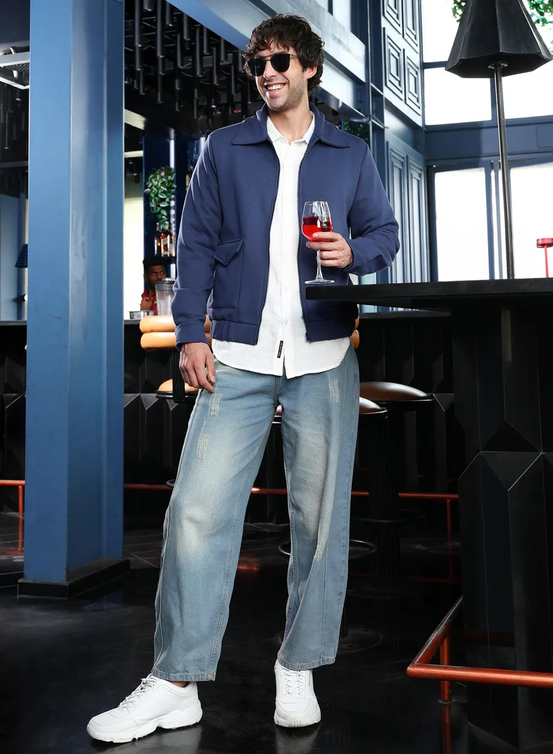 Campus Sutra Men Zip-Front Knit Jacket | Point Collar, Long Button Cuff Sleeves | Zipper , Stretch-Straight Hem | Solid Plain | Knitted Fabric For Casual & Daily Wear | Indigo Blue