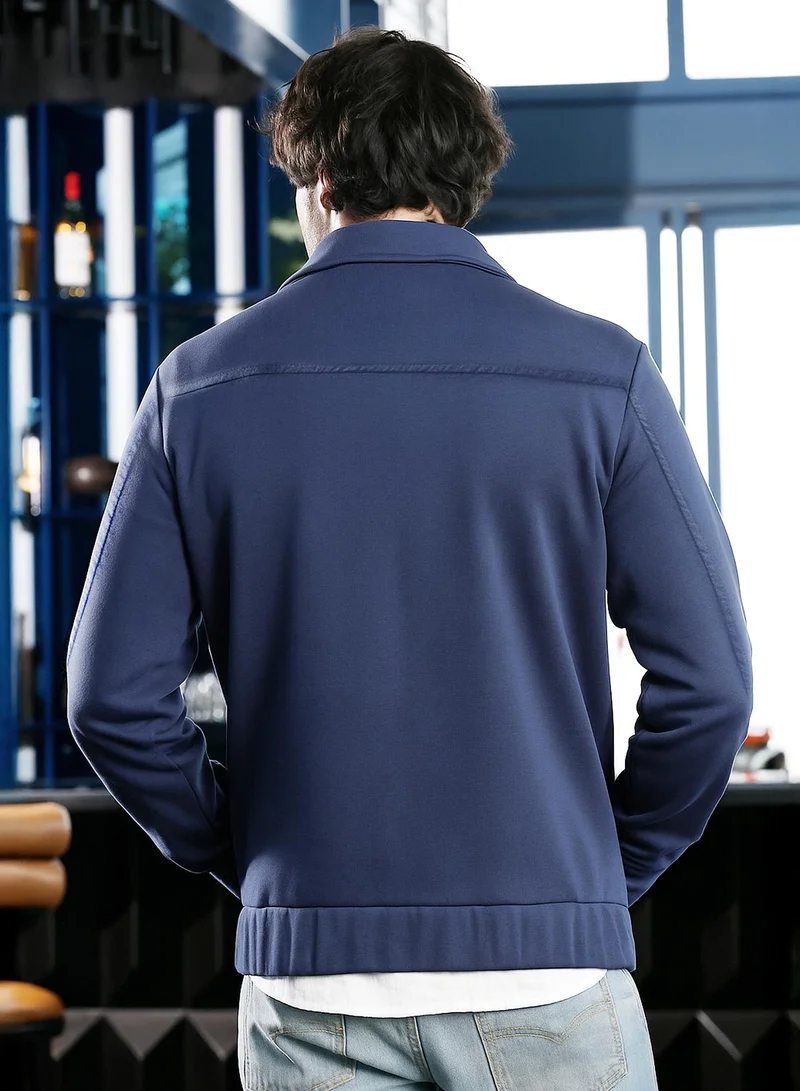 Campus Sutra Men Zip-Front Knit Jacket | Point Collar, Long Button Cuff Sleeves | Zipper , Stretch-Straight Hem | Solid Plain | Knitted Fabric For Casual & Daily Wear | Indigo Blue