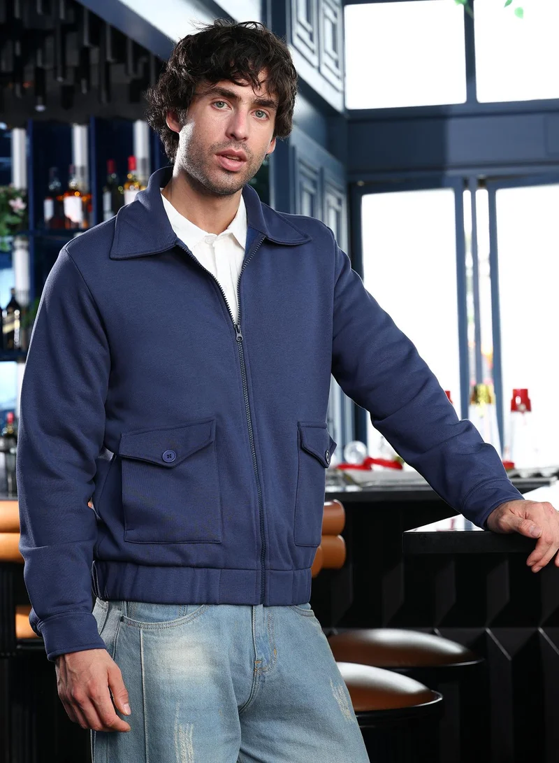 Campus Sutra Men Zip-Front Knit Jacket | Point Collar, Long Button Cuff Sleeves | Zipper , Stretch-Straight Hem | Solid Plain | Knitted Fabric For Casual & Daily Wear | Indigo Blue