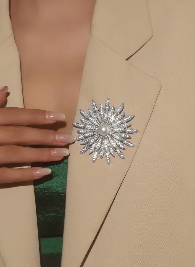 Take Two Silver Crystal Flower Brooch with Faux Pearl - Image 1