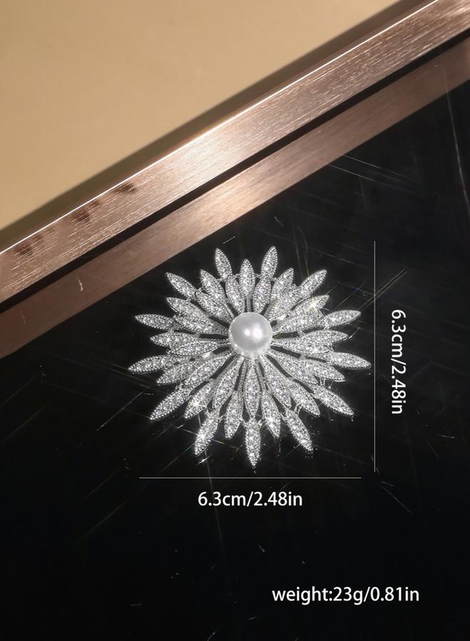 Take Two Silver Crystal Flower Brooch with Faux Pearl - Image 3