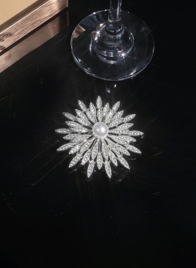 Take Two Silver Crystal Flower Brooch with Faux Pearl - Image 4