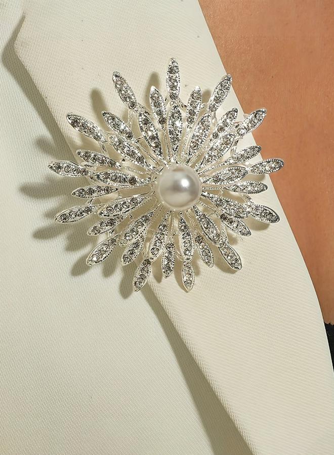 Take Two Silver Crystal Flower Brooch with Faux Pearl - Image 5