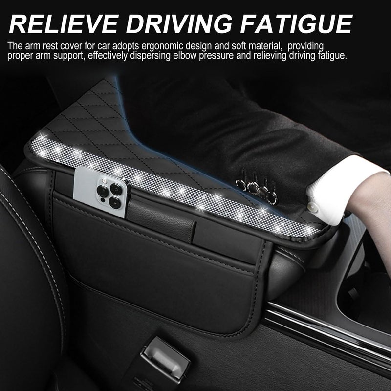 NBTEPEM Bling Car Center Console Cover, Leather Car Arm Rest Cover Cushion with 2 Storage Bags, Universal Auto Armrest Protector Storage Box, Bling Accessories Interior for Most Vehicles (Silver) - Image 4