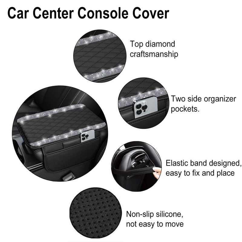 NBTEPEM Bling Car Center Console Cover, Leather Car Arm Rest Cover Cushion with 2 Storage Bags, Universal Auto Armrest Protector Storage Box, Bling Accessories Interior for Most Vehicles (Silver) - Image 3