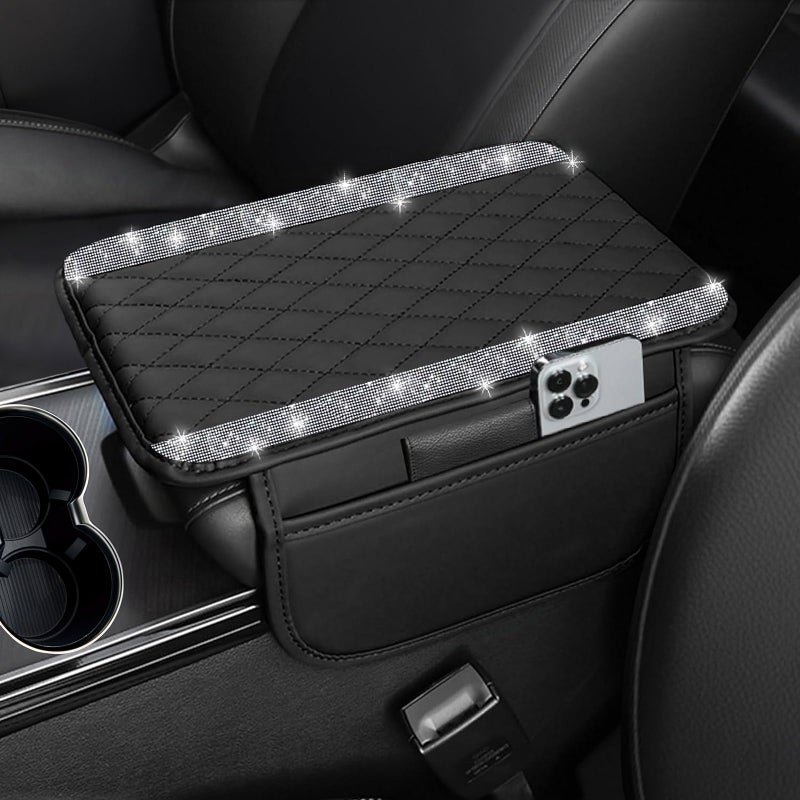 NBTEPEM Bling Car Center Console Cover, Leather Car Arm Rest Cover Cushion with 2 Storage Bags, Universal Auto Armrest Protector Storage Box, Bling Accessories Interior for Most Vehicles (Silver) - Image 1