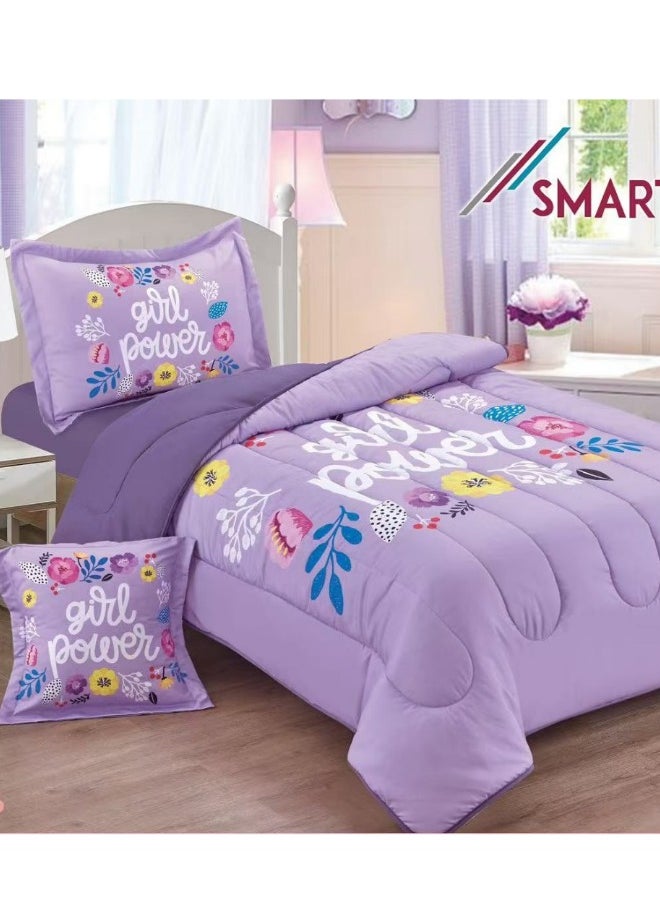 SMART HOME - 4 Piece Reversible Plush Medium Quilted Kids Comforter Set Fitted Sheet 130X170cm Fits Single Bed for Boys and Girls Made of 100% Microfiber - Image 1