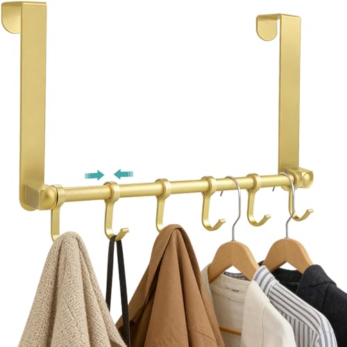 MGahyi Adjustable Over The Door Hooks with 6 Sliding Hooks Extended Long Arm Space Aluminum Door Hanger NoDrilling AntiScratch Towel Coat Rack for Bathroom Bedroom Closet Gold - Image 1