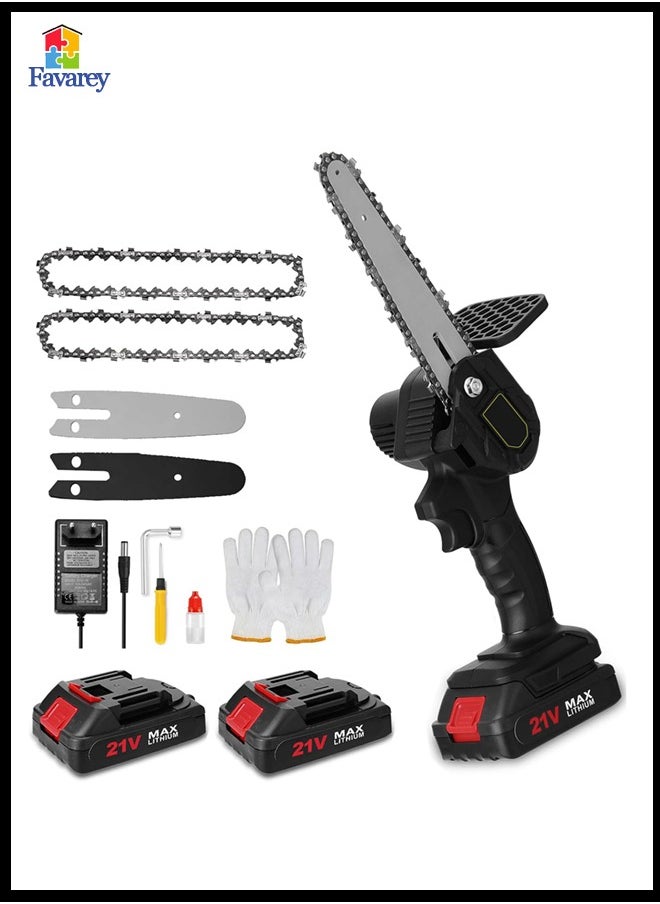 Favarey Cordless Mini Chainsaw, 6 Inch Electric Chainsaw, Battery Powered 2Pcs 21V Rechargeable Battery with Splash Guard for Wood Cutting Tree Trimming Gardening Camping  - Image 1