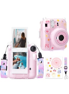 O Ozone Crystal Clear Camera Case For Fujifilm Mini 12 Instant Camera, Hard PC Cover with Adjustable Strap and Pocket & Decorative sticker - Pink  - Image 1