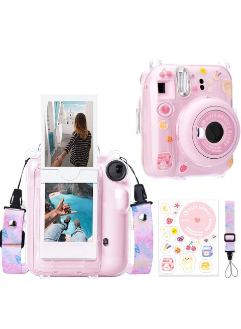 Crystal Clear Camera Case For Fujifilm Mini 12 Instant Camera, Hard PC Cover with Adjustable Strap and Pocket & Decorative sticker - Pink